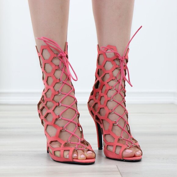 Lace-Up Strappy Glam Gladiator Suede Open Toe Needle High Heel Stiletto Sandals - Picture 2 of 11
